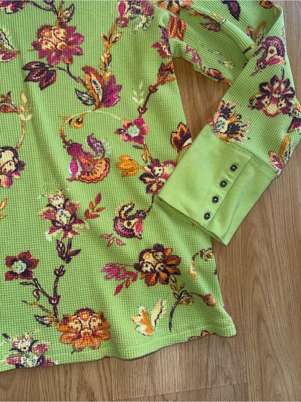 Belle Kim Gravel size 2X Green Floral Long Sleeve Waffle Knit Top shirt - Picture 11 of 12